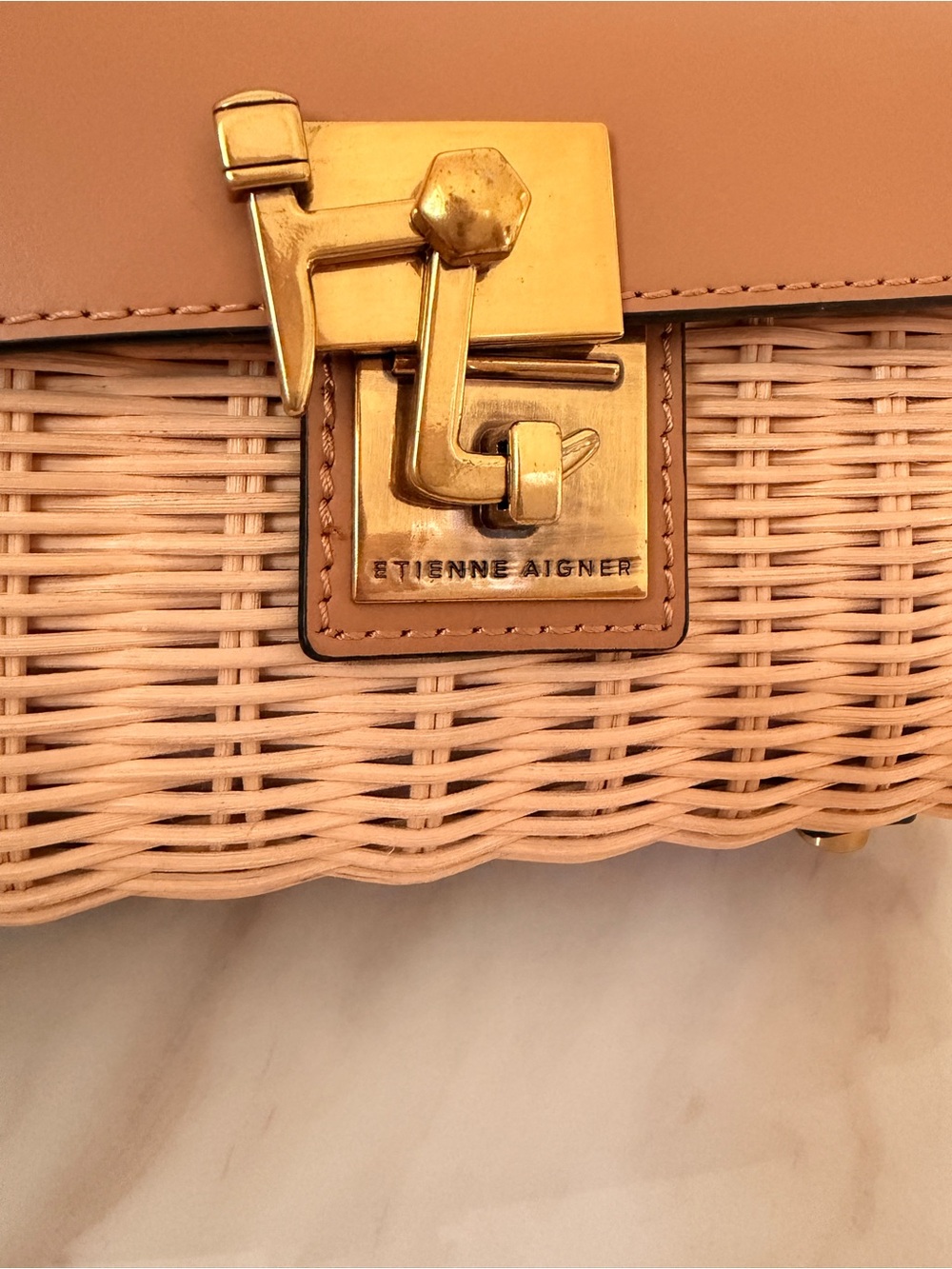 Etienne Aigner Wicker Handbag with Tan Leather Flap and Gold Hardware - Picture 3 of 7